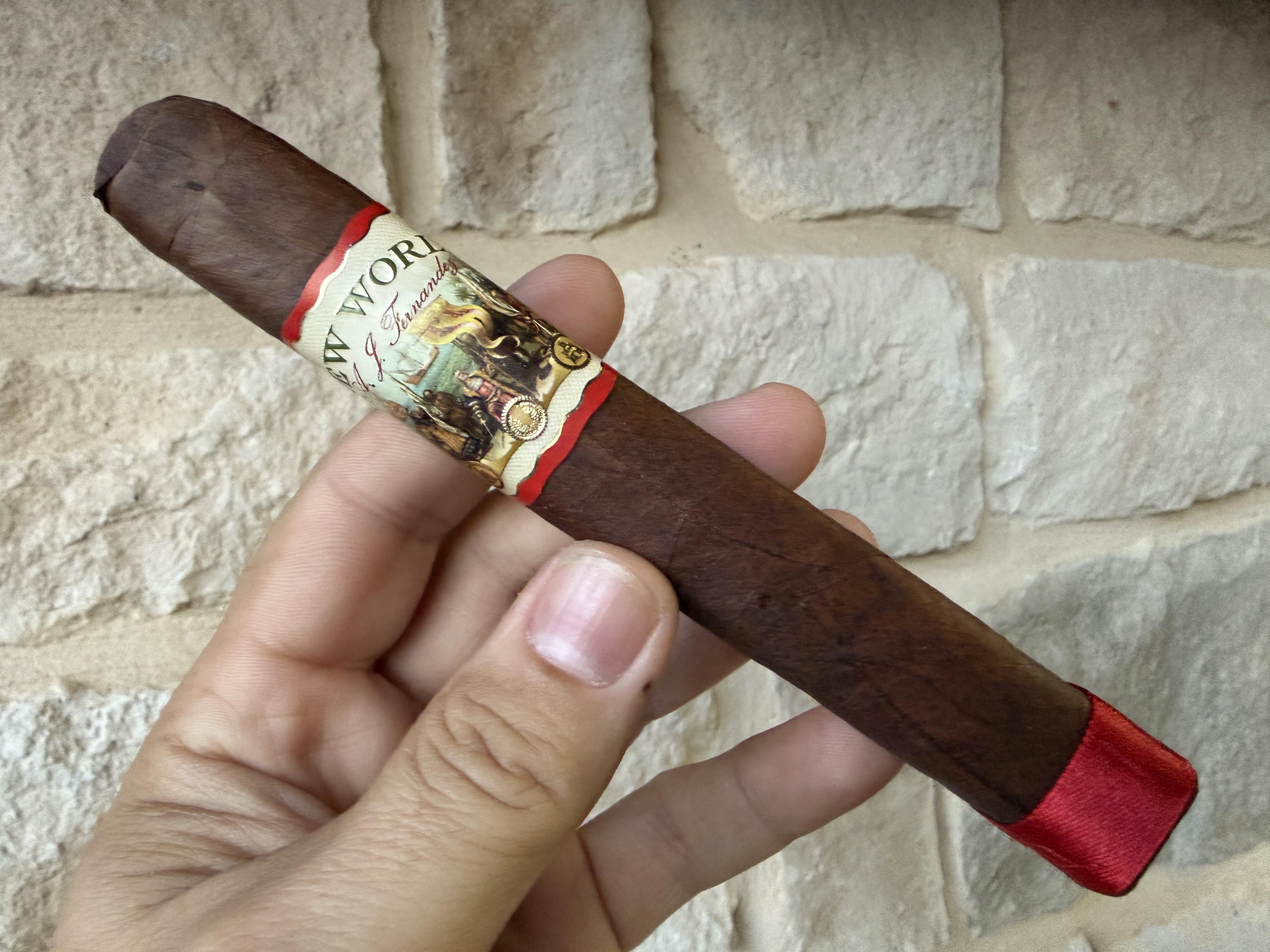 Unlit AJ Fernandez New World Gobernador Toro held in hand against a white stone wall, dark brown box-pressed wrapper with the New World band and a red foot band
