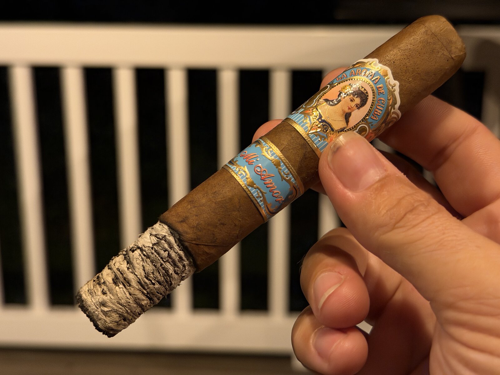 Long, tight, dime-stacked gray ash on the lit Mi Amor with both bands still on