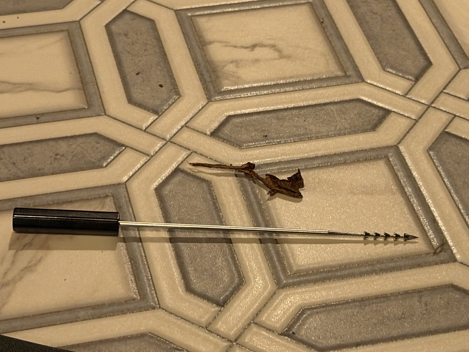 A PerfecDraw draw poker lying on tile next to a decent-sized stem it pulled out of the cigar