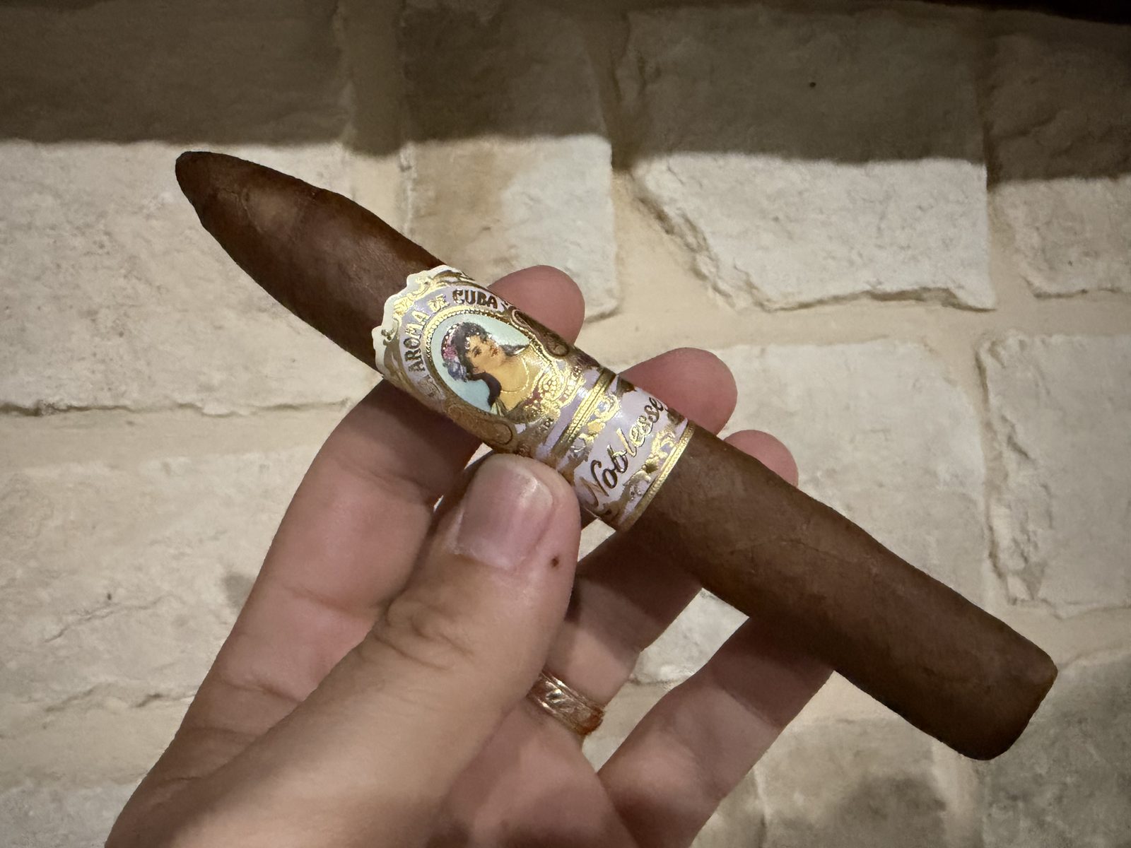 Unlit La Aroma de Cuba Noblesse Viceroy held in hand against a stone wall, a chocolate brown San Andrés wrapper on a torpedo with the light purple and gold señorita band