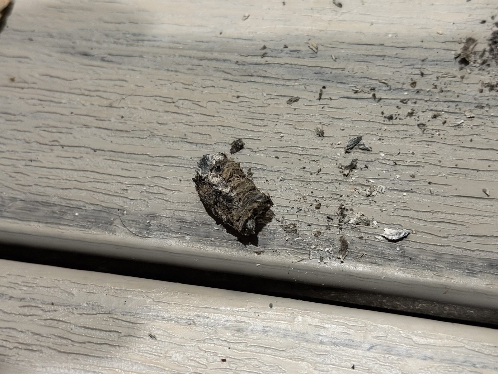 A cylinder of gray cigar ash lying intact on a tan composite deck board, with small flecks of ash scattered around it