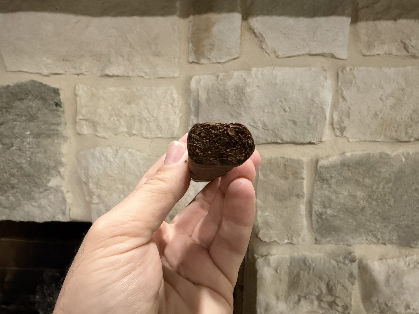 Foot of the unlit Oliva Master Blends 3 Churchill held up to the camera against a stone wall, showing the dark bunched filler