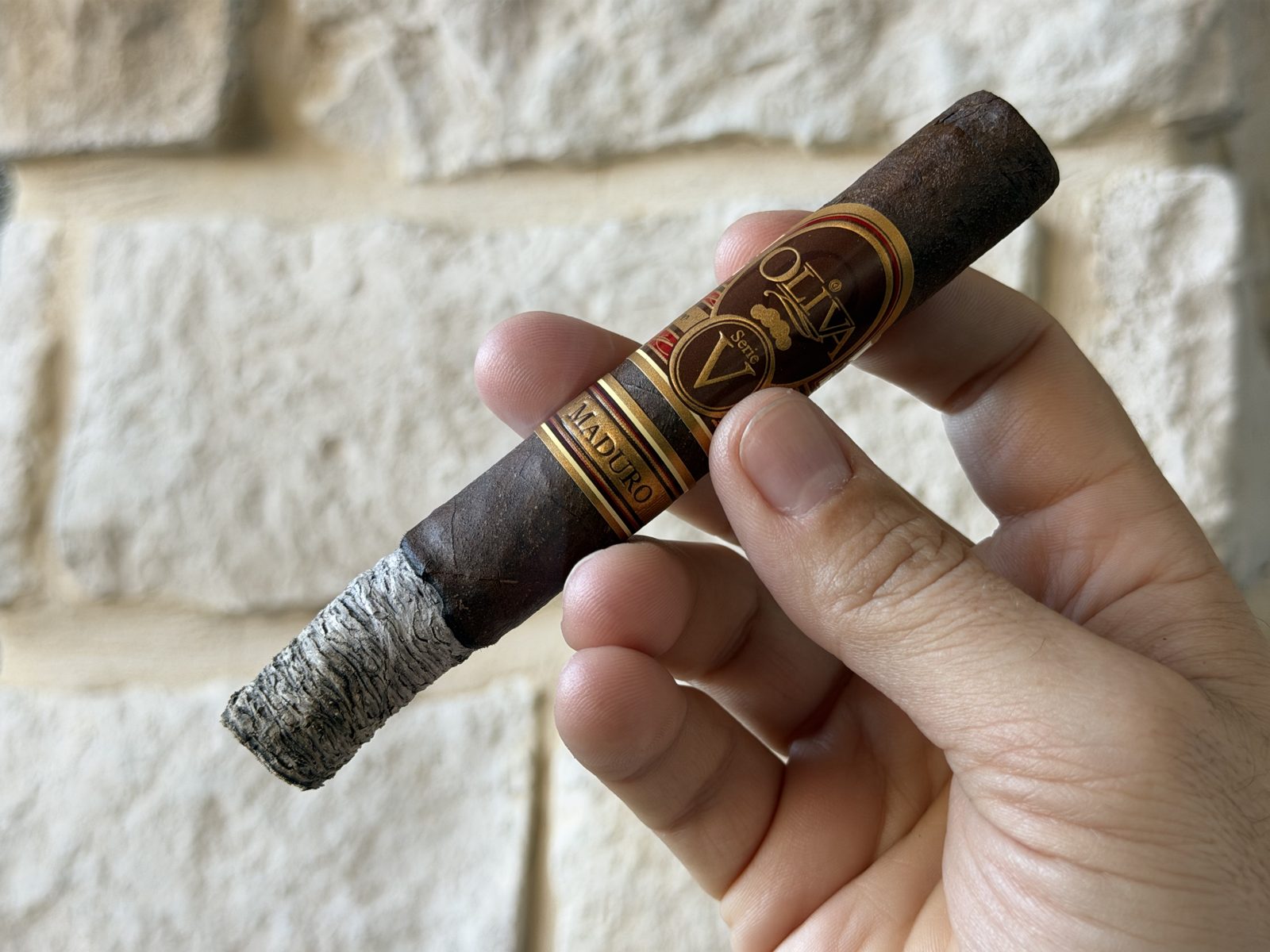 Oliva Serie V Maduro Toro partway through the first third with about an inch of tight, layered gray and white ash, both bands still on, held in hand against a stone wall