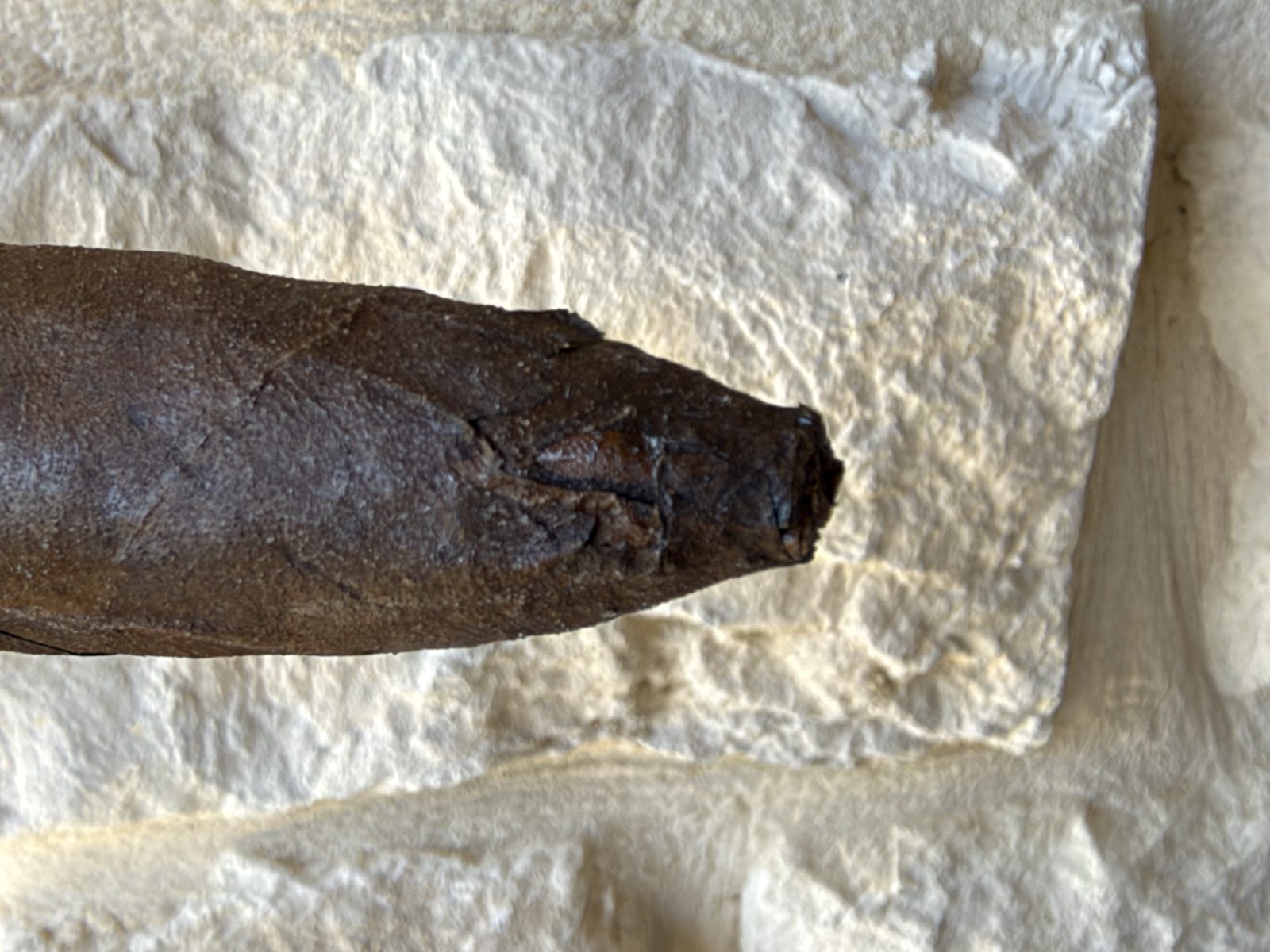 Close-up of the nearly closed perfecto foot of the Padrón 1926 Serie 80 Years Maduro showing a small factory-glued crack