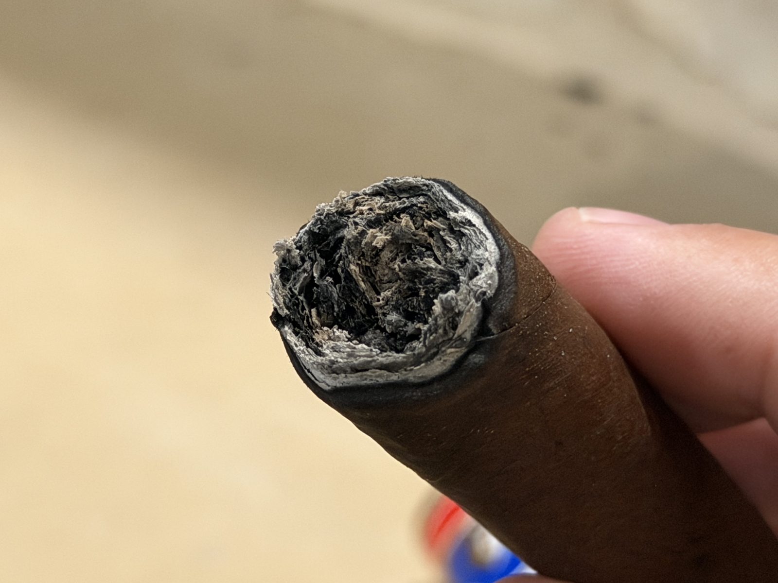 Close-up of the foot of the Perdomo 30th Anniversary Maduro Epicure after it went out at the start of the final third, gray ash with a dark hollow spot in the center of the filler